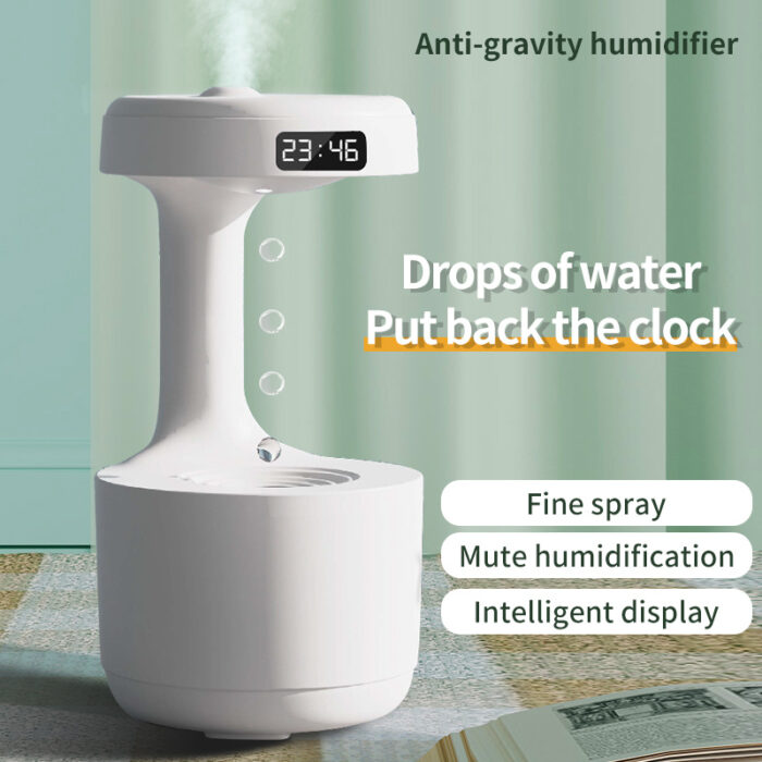 Anti-Gravity Water Drop Humidifier & Aroma Diffuser with LED Clock – Large Capacity & Ultra-Quiet
